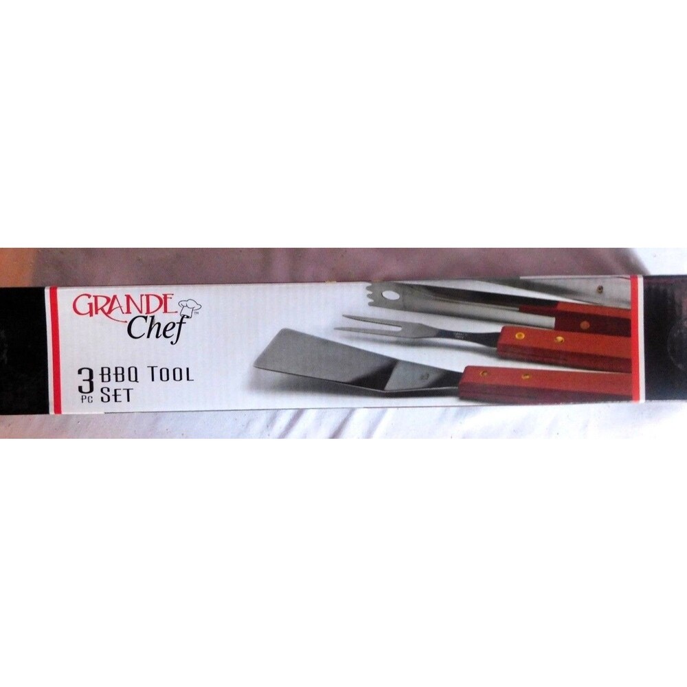 Grande Chef 3 Pc Stainless BBQ Tool Set Solid Wood Handles